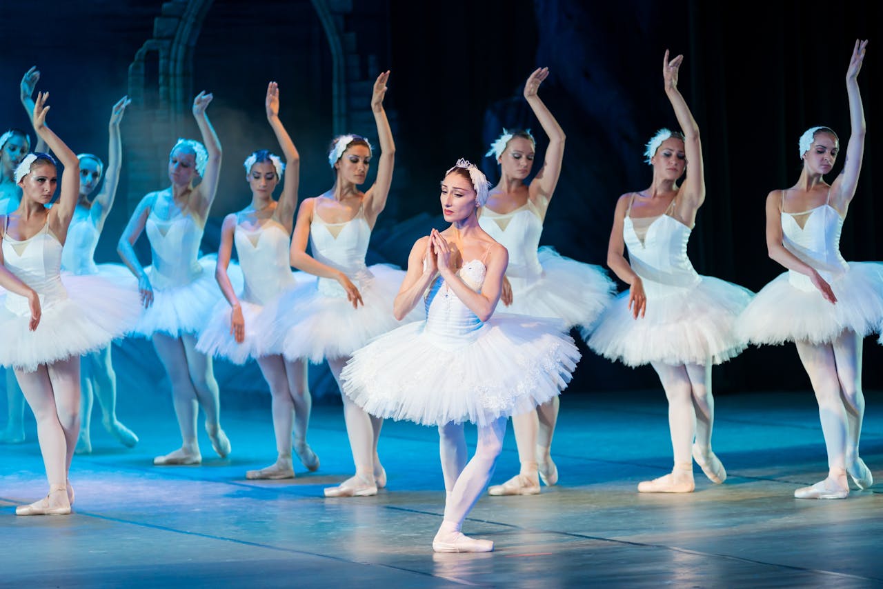 portfolio-04 Elegant ballerinas performing Swan Lake ballet on stage in classic tutus.